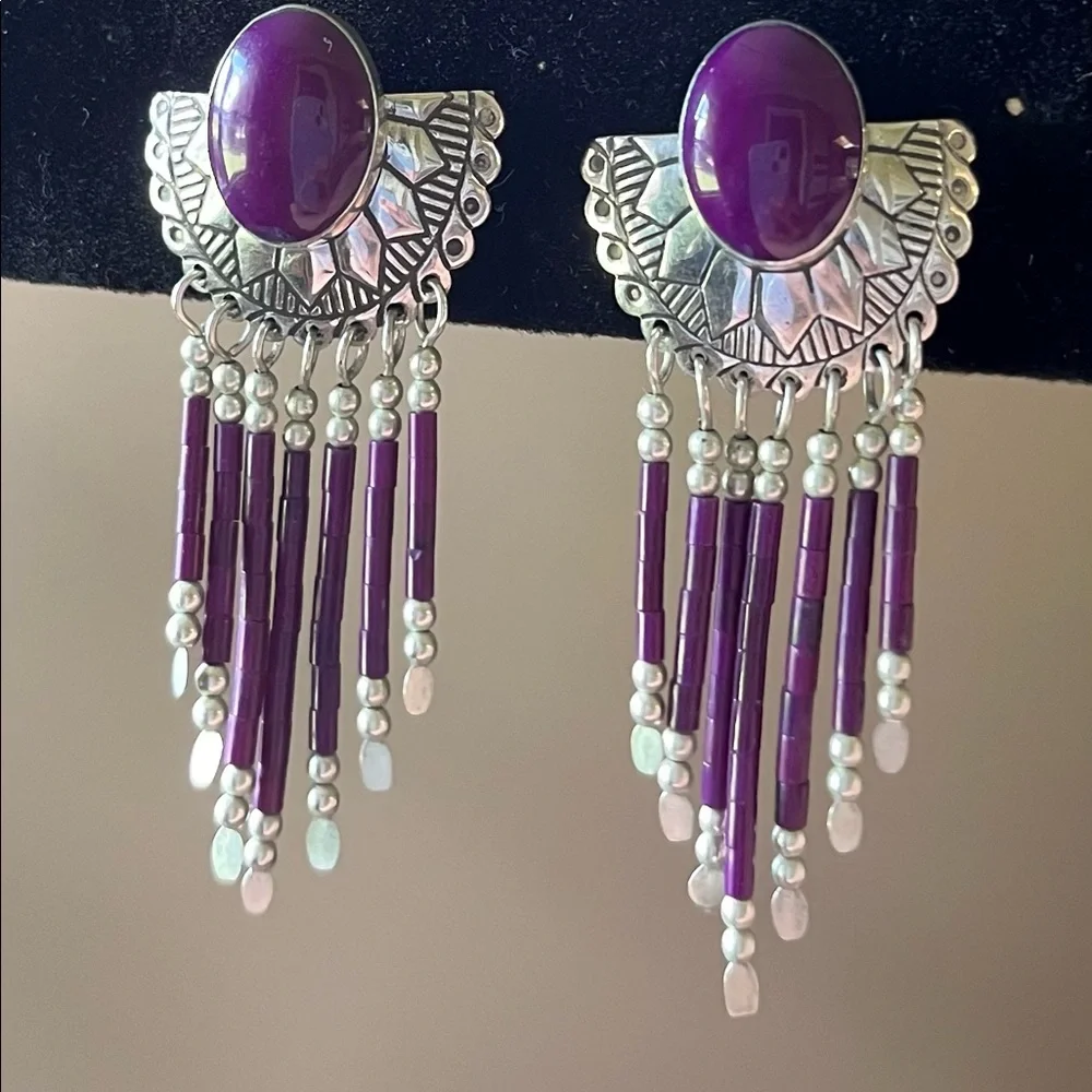 Sterling and sugalite gemstone Southwest pierced drop earrings. Beautiful! ❣️ - Picture 4 of 4